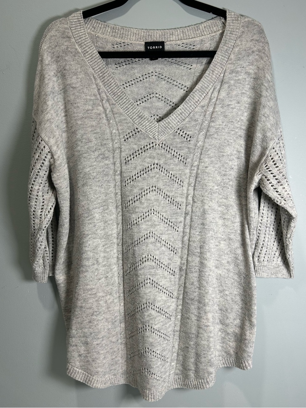 Torrid Pointelle 3/4 Length Sleeve V Neck Sweater 1/1X Neutral Beige/Oatmeal